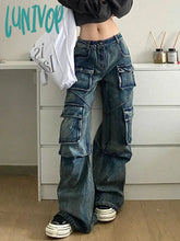 Lunivop Woman Denim Casual Low Waist Wide Leg Tie-Dyed Floor-Length Multiple Pockets New Design